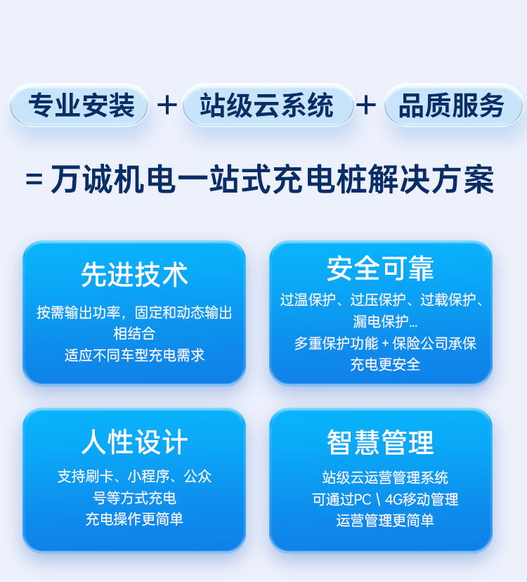 专业安装+ 站级云系统 +(品质服务
= 万诚机电一站式充电站解决方案
先进技术
按需输出功率，固定和动态输出相结合
适应不同车型充电需求
人性设计
支持刷卡、小程序、公众号等方式充电
充电操作更简单
安全可靠
过温保护、过压保护、过载保护
漏电保护...
多重保护功能 + 保险公司承保
充电更安全
智慧管理
站级云运营管理系统可通过PC|4G移动管理
运营管理更简单